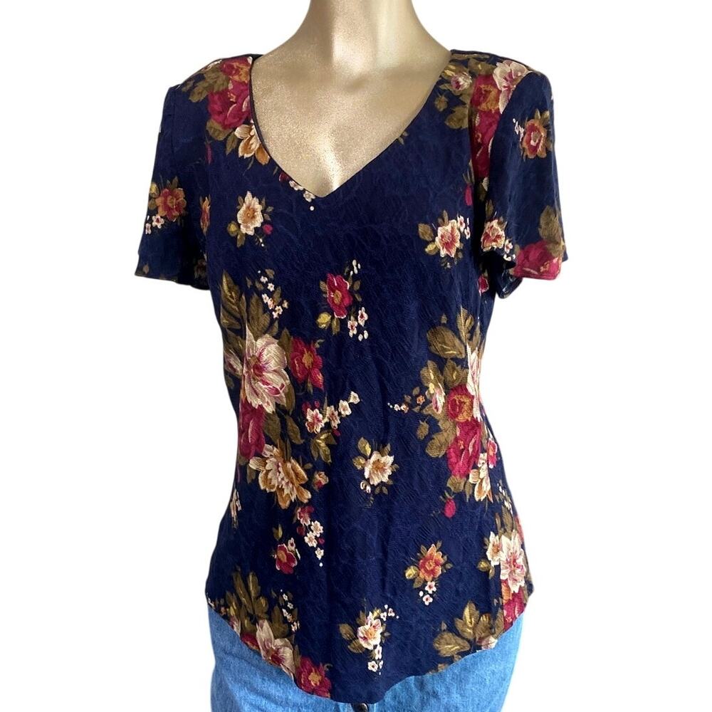 Vintage K Studio Womens Top 10 Navy Floral Rayon V-Neck Blouse 90s Cottagecore